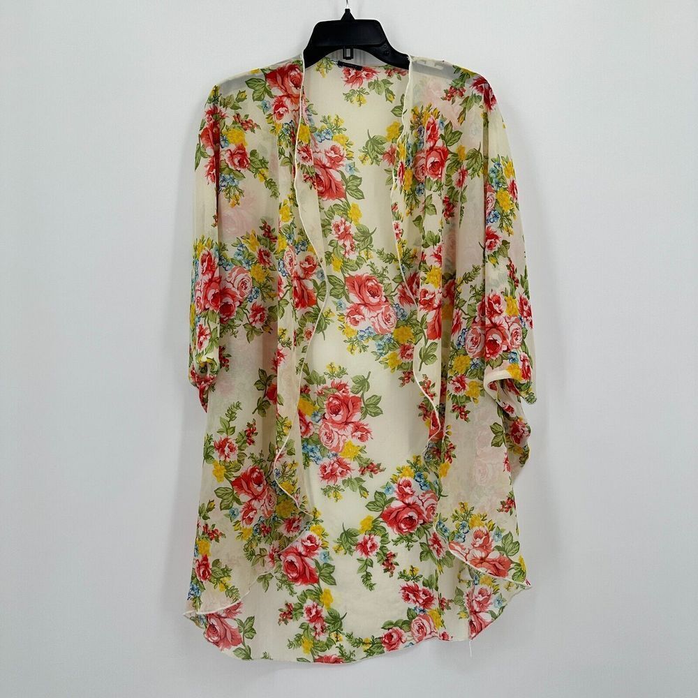 Poetry Kimono Open Cardigan S/M‎ Cream Yellow Floral Boho Chiffon Romantic Flowy